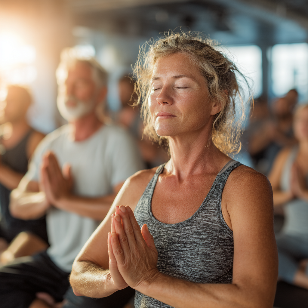 Group of adults in their 40s and 50s practicing yoga together in bright studio with natural lighting