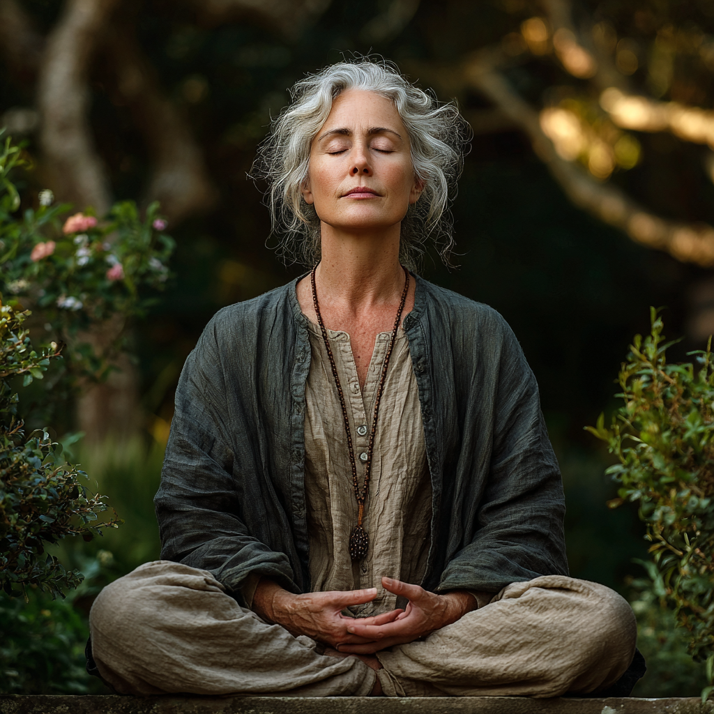 Mature woman in her 50s practicing meditation in lotus pose with peaceful expression and closed eyes in serene natural environment