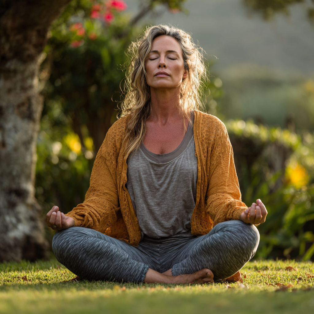Middle-aged woman in her 40s practicing yoga meditation pose outdoors in peaceful natural setting